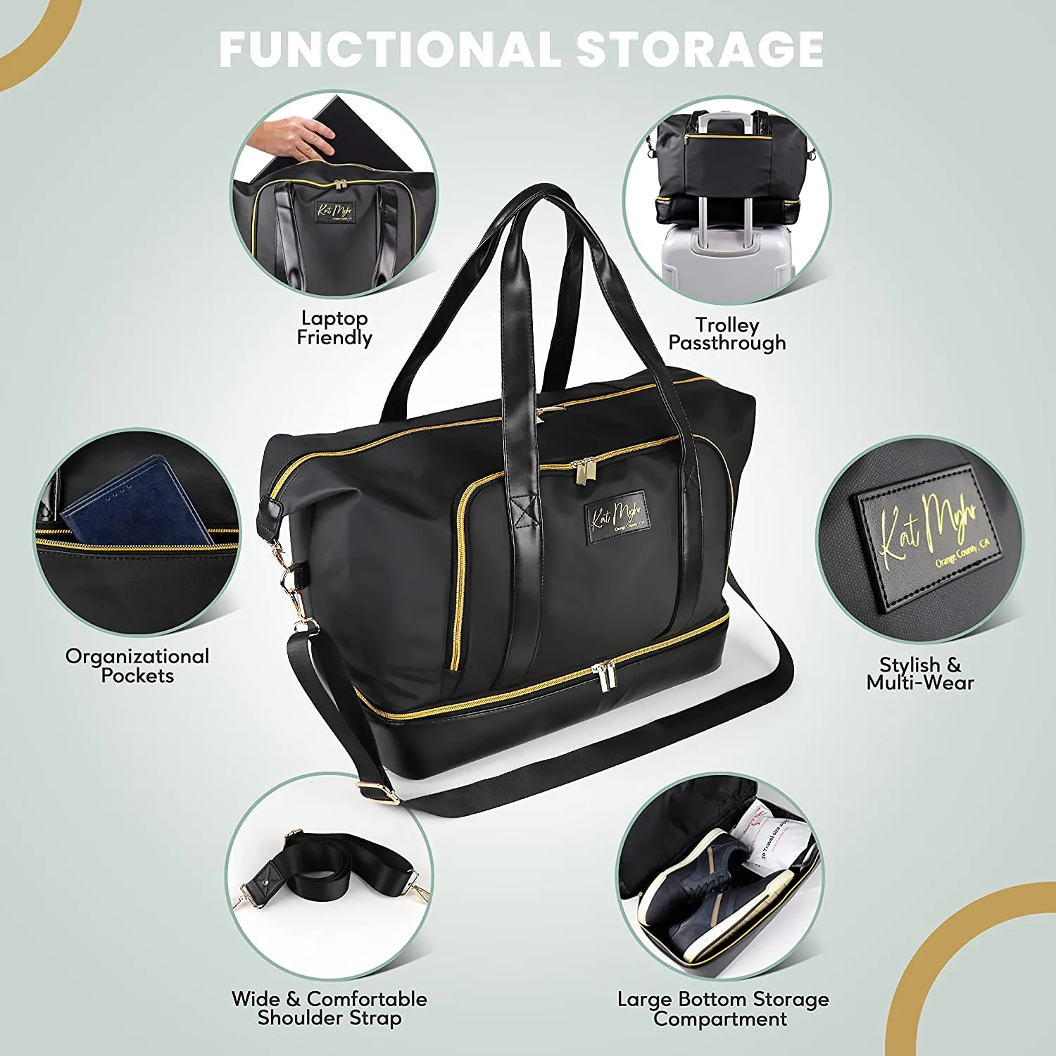 Kat Myhr Womens Weekender Travel Bag - Black with Gold Zippers