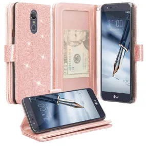 LG Escape Plus Case,Arena 2/K30 2019 Case, Glitter Faux Leather Flip Credit Card Holder Wrist Strap Shockproof Protective Wallet Case Clutch for LG Escape Plus/Arena 2/K30 2019 - Rose Gold