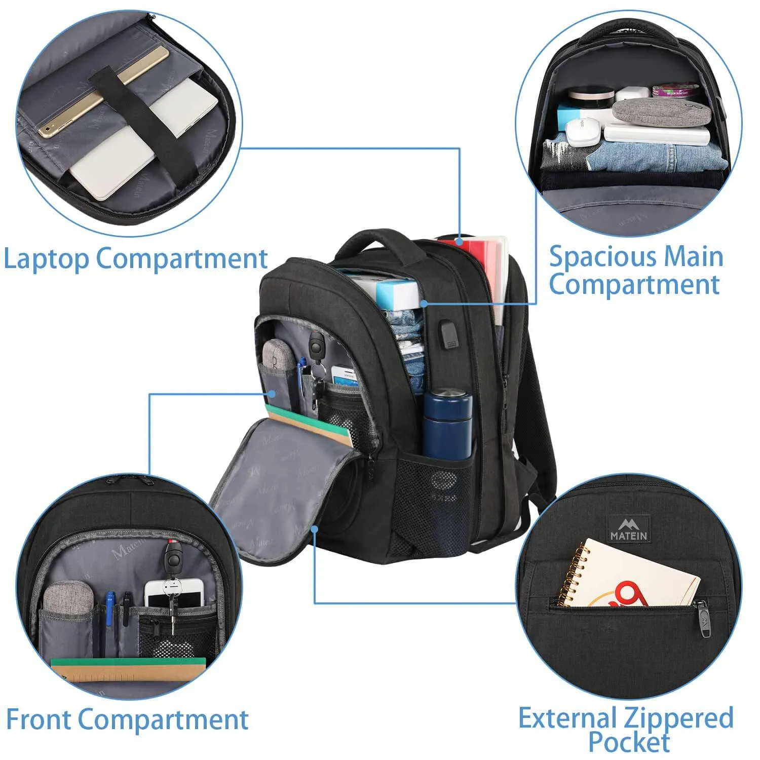 Matein Expandable College Bookbag Travel  Laptop Backpack