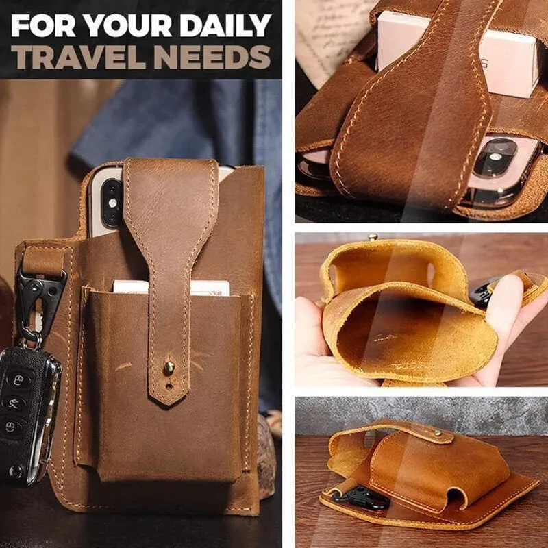 Men Genuine Leather Vintage 6.3 Inch Phone Bag Multifunction Keychain Cowhide Waist