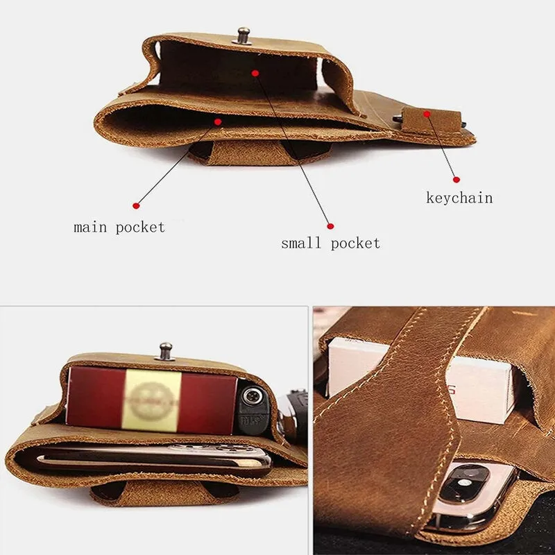 Men Genuine Leather Vintage 6.3 Inch Phone Bag Multifunction Keychain Cowhide Waist