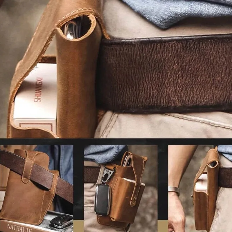 Men Genuine Leather Vintage 6.3 Inch Phone Bag Multifunction Keychain Cowhide Waist