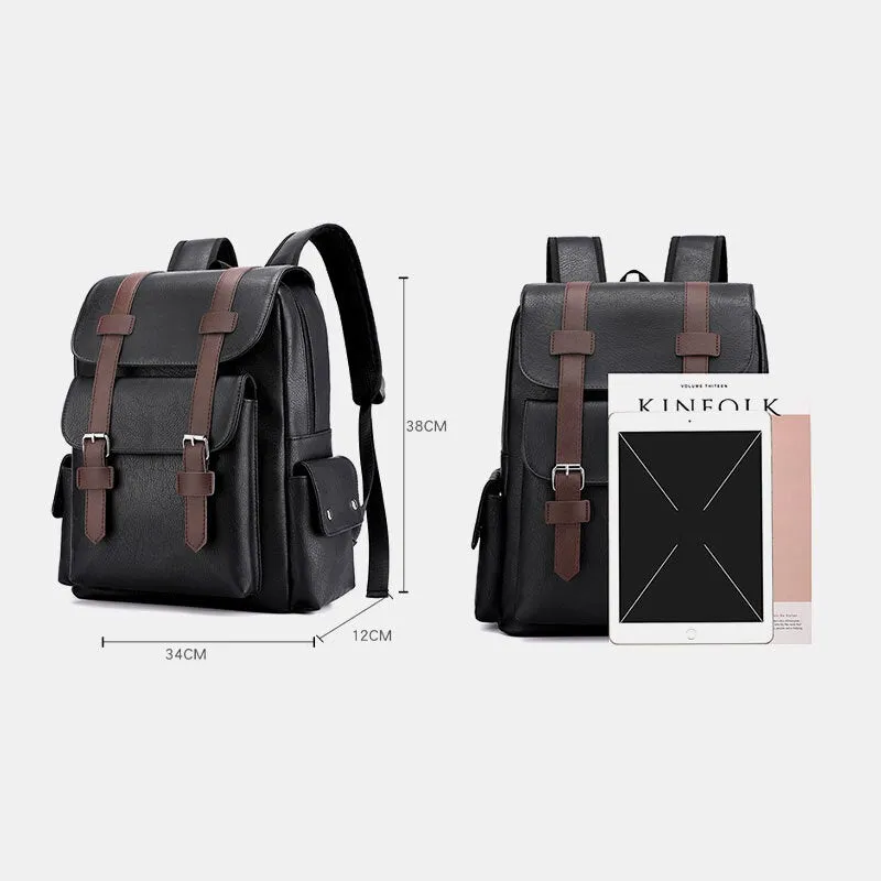 Men PU Soft Leather Multi-pocket Decompression Design Backpack Retro 14 Inch Laptop Bag Student School Bag