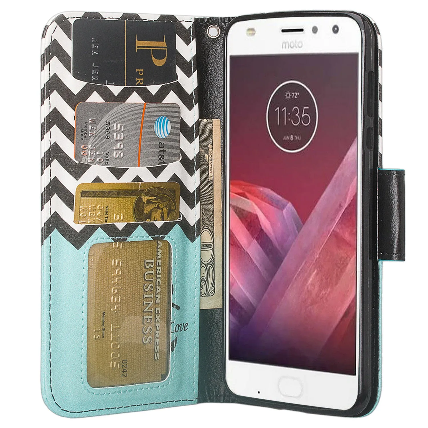 Motorola Moto Z2 Force Case, Moto Z2 Force Wallet Case, Slim Flip Folio [Kickstand] Pu Leather Wallet Case with ID & Card Slots & Pocket   Wrist Strap - Teal Anchor