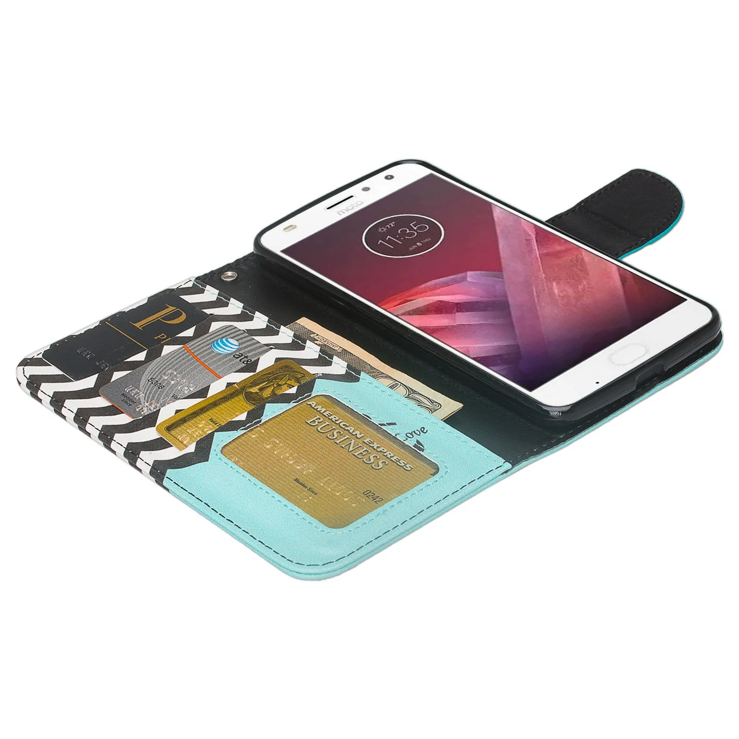 Motorola Moto Z2 Force Case, Moto Z2 Force Wallet Case, Slim Flip Folio [Kickstand] Pu Leather Wallet Case with ID & Card Slots & Pocket   Wrist Strap - Teal Anchor