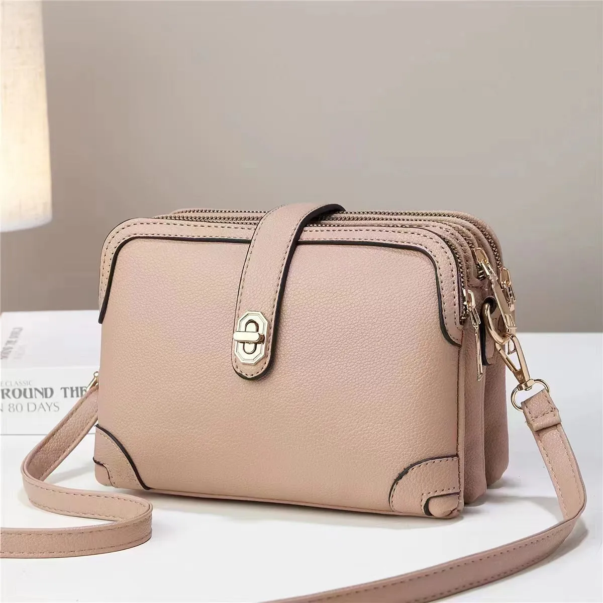 Multi-layer Lychee Pattern Simple Texture Soft Leather Western Style Multi-functional Shoulder Crossbody Small Square Bag