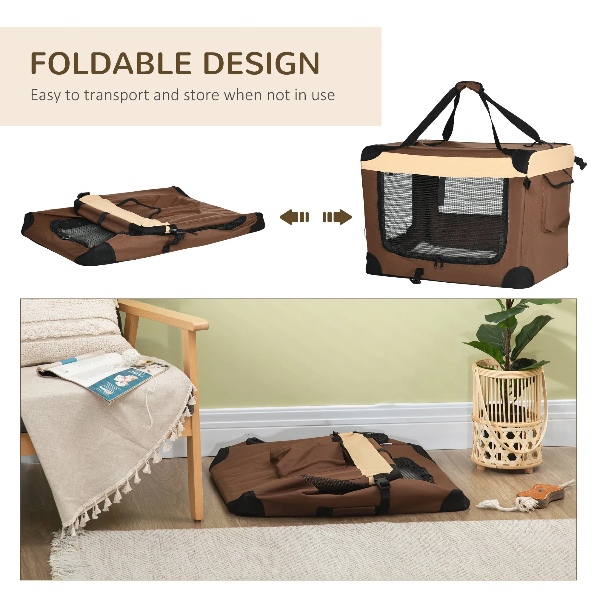 PawHut 70cm Brown Foldable Pet Carrier Bag Soft Travel Dog Crate for Small Dogs