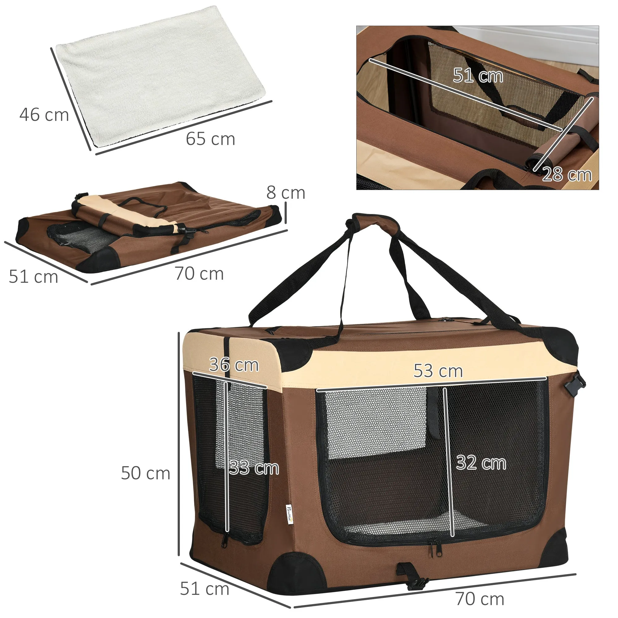 PawHut 70cm Brown Foldable Pet Carrier Bag Soft Travel Dog Crate for Small Dogs