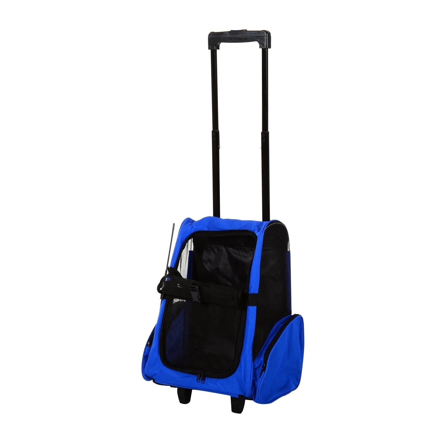 PawHut Pet Travel Backpack Bag Cat Puppy Dog Carrier w/ Trolley and Telescopic Handle Portable Stroller Wheel Luggage Bag Blue