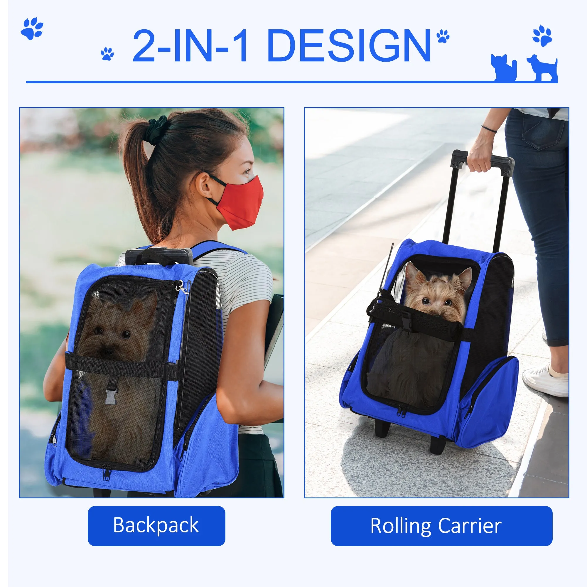 PawHut Pet Travel Backpack Bag Cat Puppy Dog Carrier w/ Trolley and Telescopic Handle Portable Stroller Wheel Luggage Bag Blue