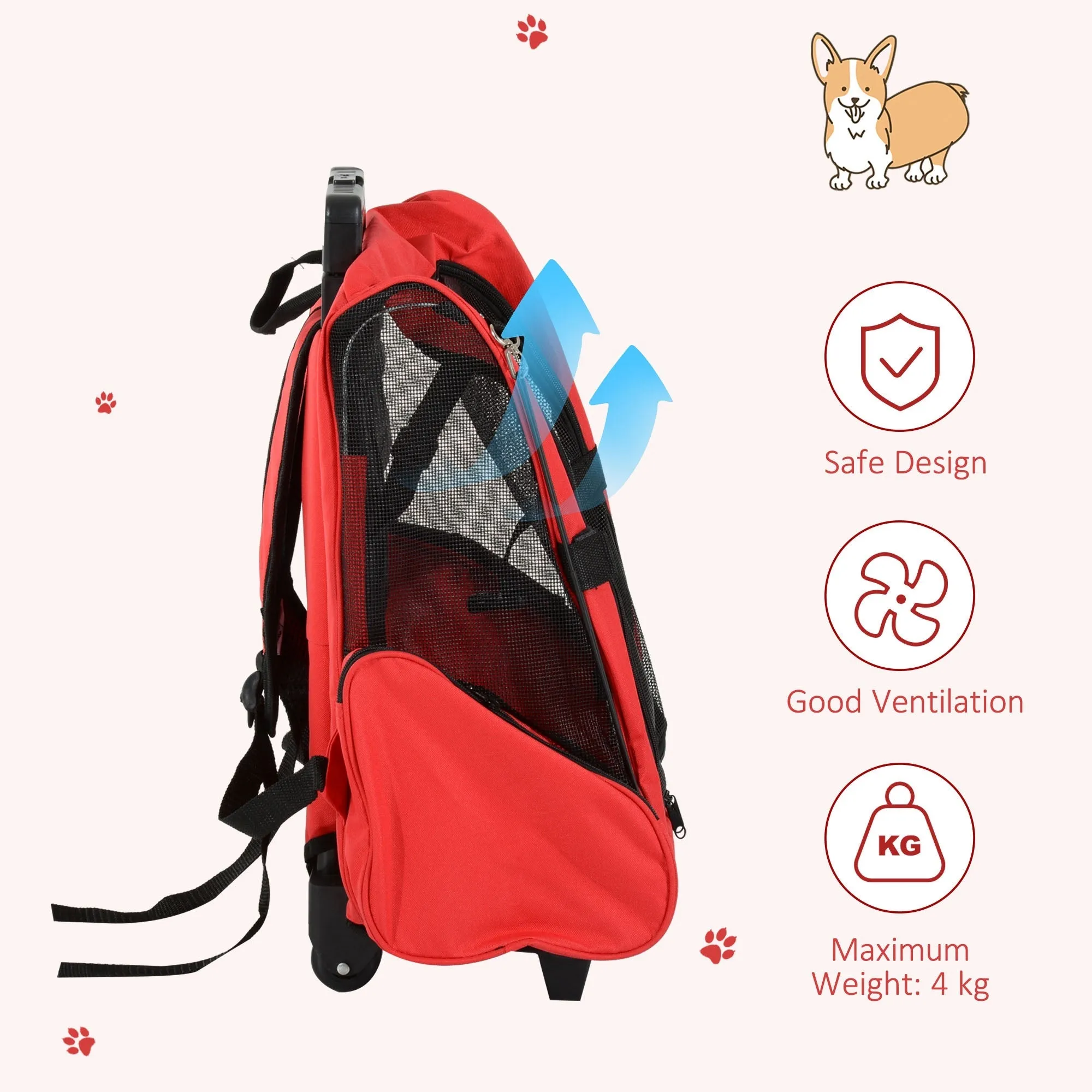 PawHut Pet Travel Backpack Bag Cat Puppy Dog Carrier w/ Trolley and Telescopic Handle Portable Stroller Wheel Luggage Bag (Red)