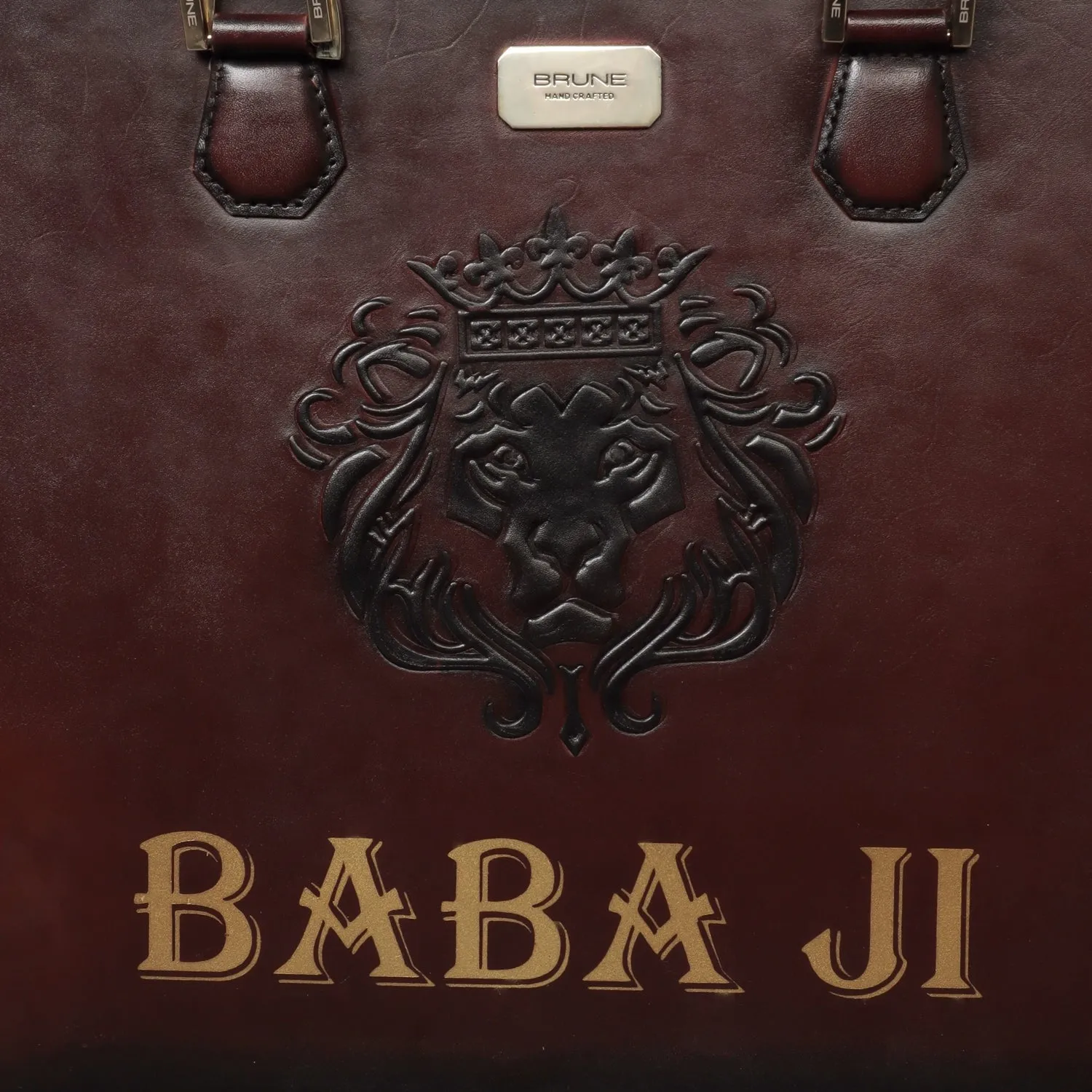 Personalized "BABA JI"Hand-Painted Initial Embossed Lion Dark Brown Leather Laptop Office Briefcase by Brune & Bareskin