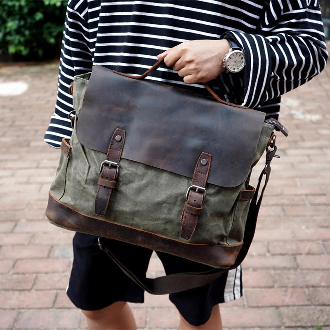 Personalized Waxed Canvas Messenger Bag Men Satchel Briefcase Vintage Crossbody Bag Laptop Bag Unique Groomsmen Gifts