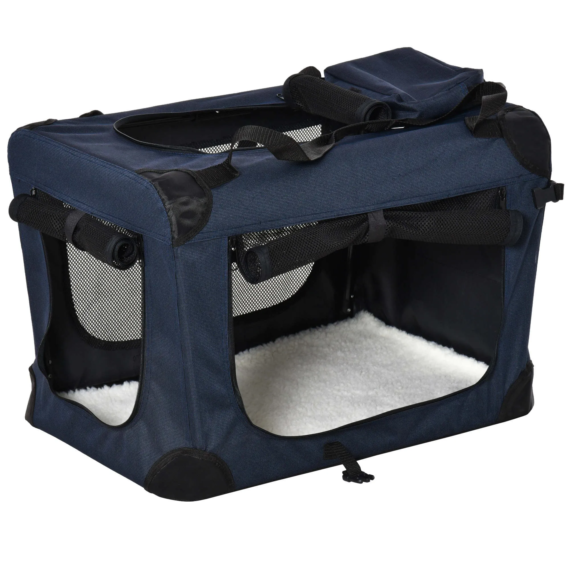 Pet Carrier Folding Dog Bag Portable Cat Carrier Soft Pet Crate w/ Cushion, 60 x 41.5 x 41 cm, Blue