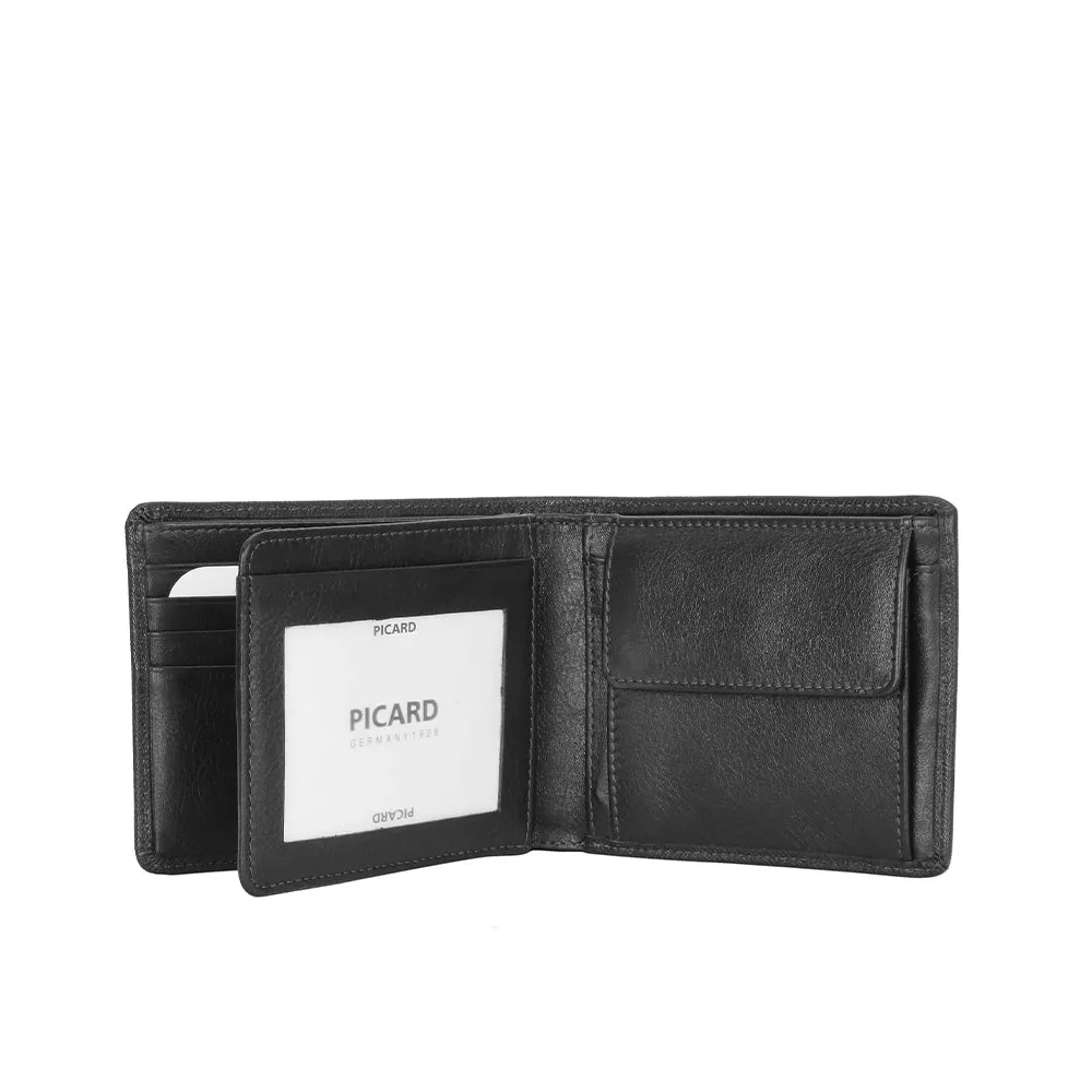 Picard Saffiano Men's Bifold Leather Wallet with Centre Card Flap and Coin Pouch (Black)