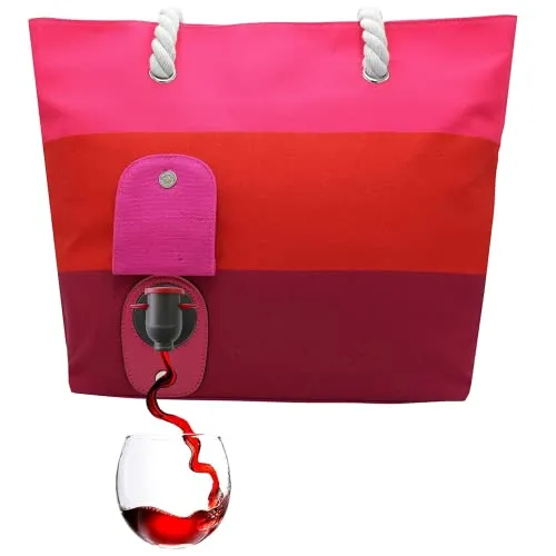 PortoVino Beach Tote Canvas Wine Purse with Hidden Dispenser 2 Bottles Sangria