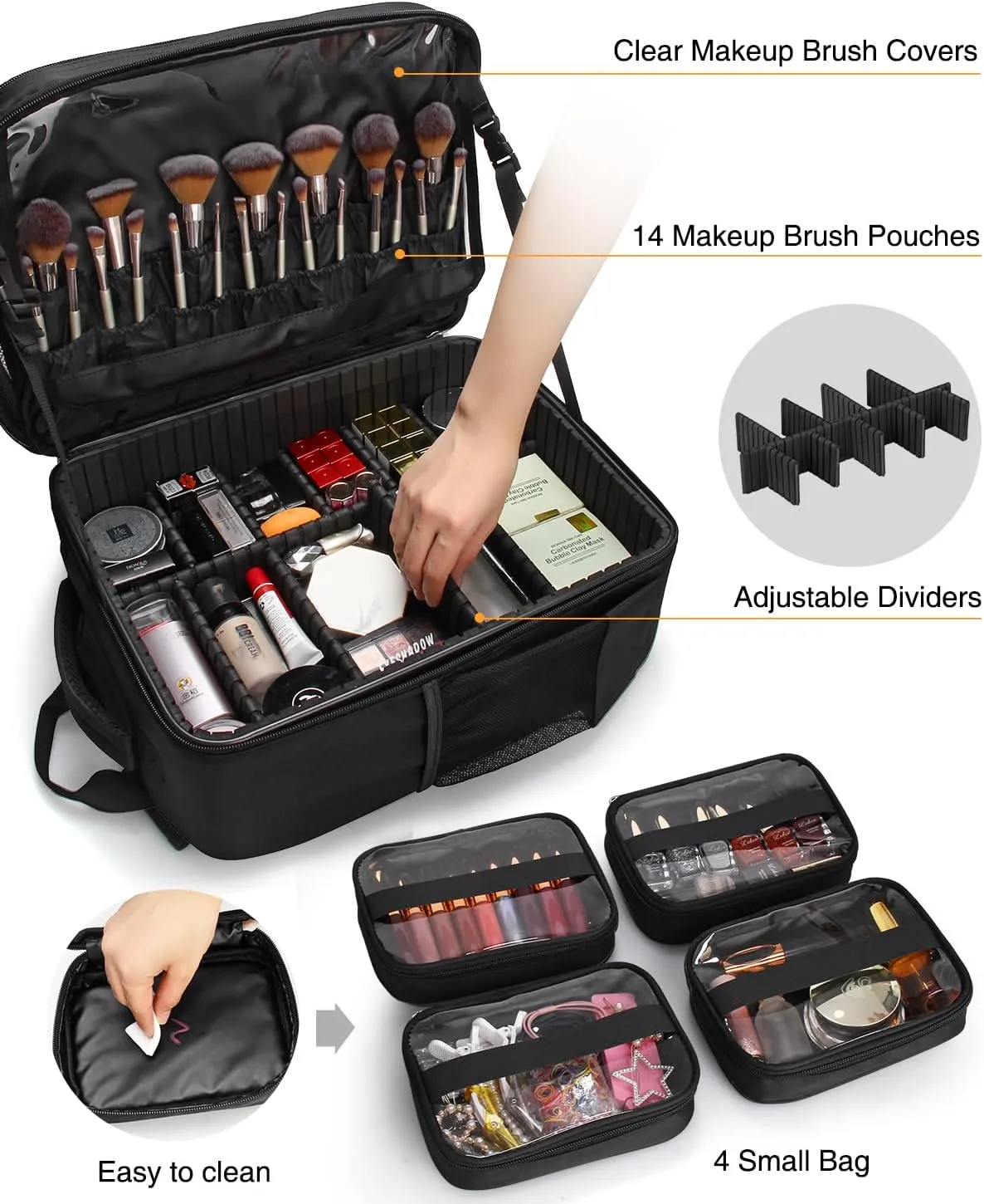 Professional Extra Large 3 Layer Makeup Backpack with 4 Small Cosmetic Bag and Removable Lipstick Board