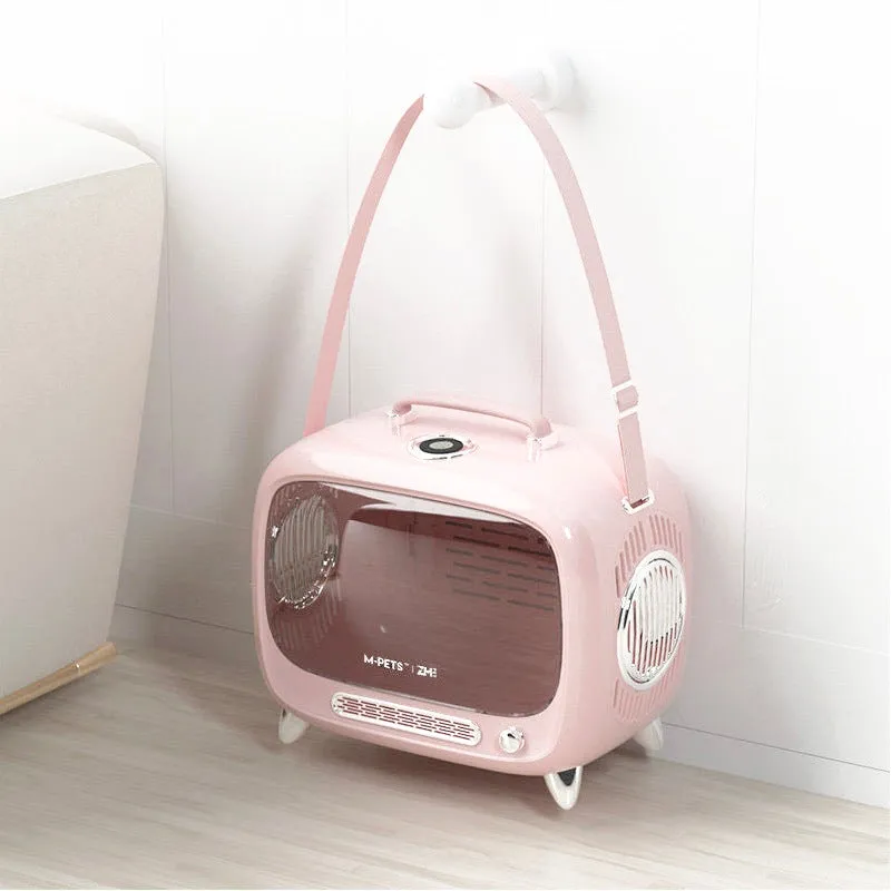 PurrLuxe Pod Futuristic Ai Pets TV Bunny, Cat Bag Pet Carrier Portable Space Capsule in Pink Mist / Bird Blue Lake 18” x 10” x 15”