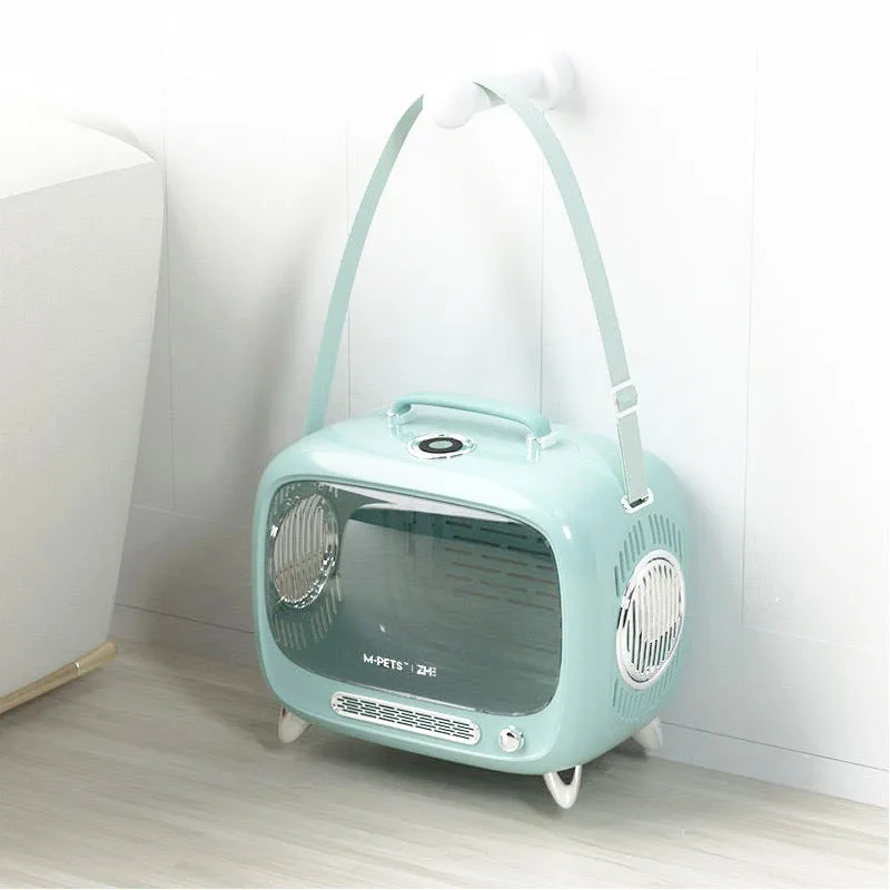 PurrLuxe Pod Futuristic Ai Pets TV Bunny, Cat Bag Pet Carrier Portable Space Capsule in Pink Mist / Bird Blue Lake 18” x 10” x 15”