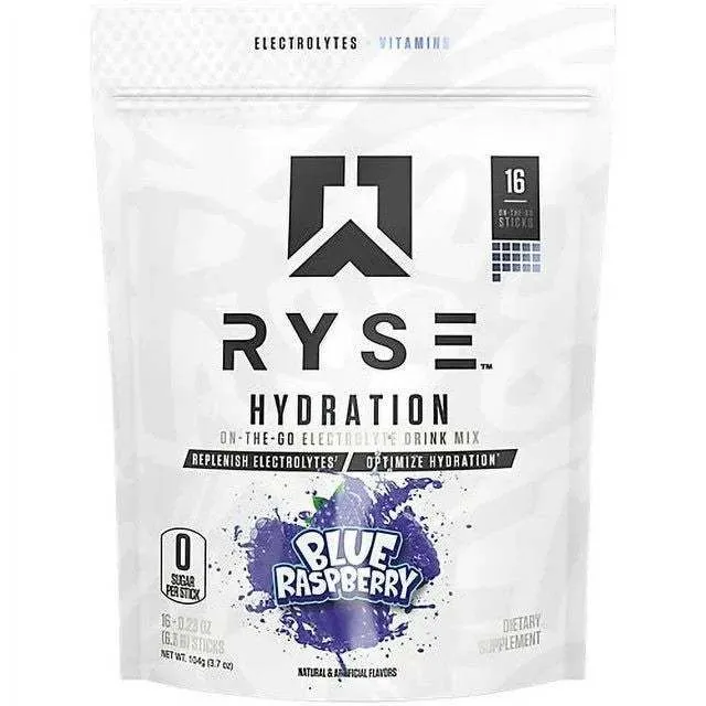 RYSE Hydration Sticks, Blue Raspberry - 16 x 65g