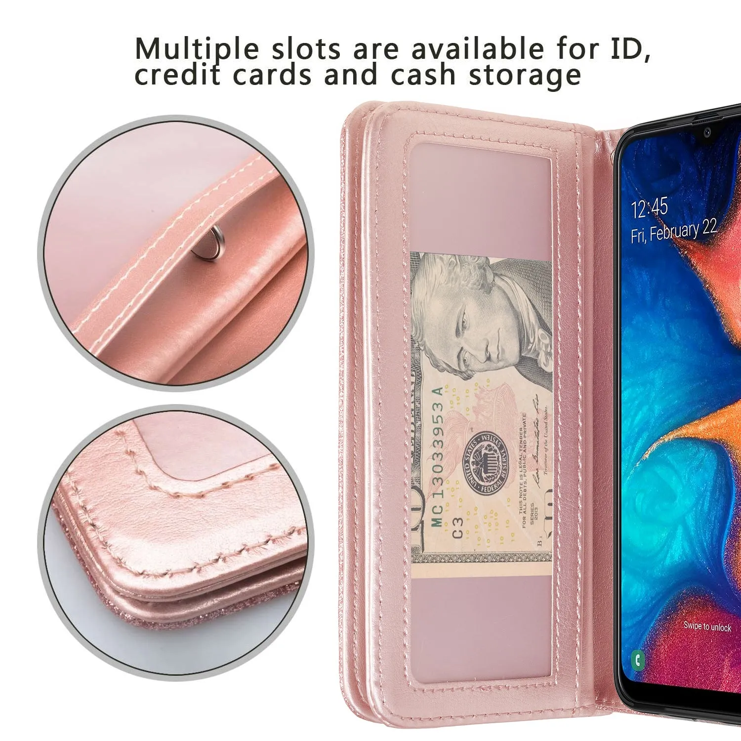 Samsung Galaxy A10e Case, Galaxy A10e Case, Glitter Faux Leather Flip Credit Card Holder Wrist Strap Shockproof Protective Wallet Case Clutch for Galaxy A10e - Rose Gold