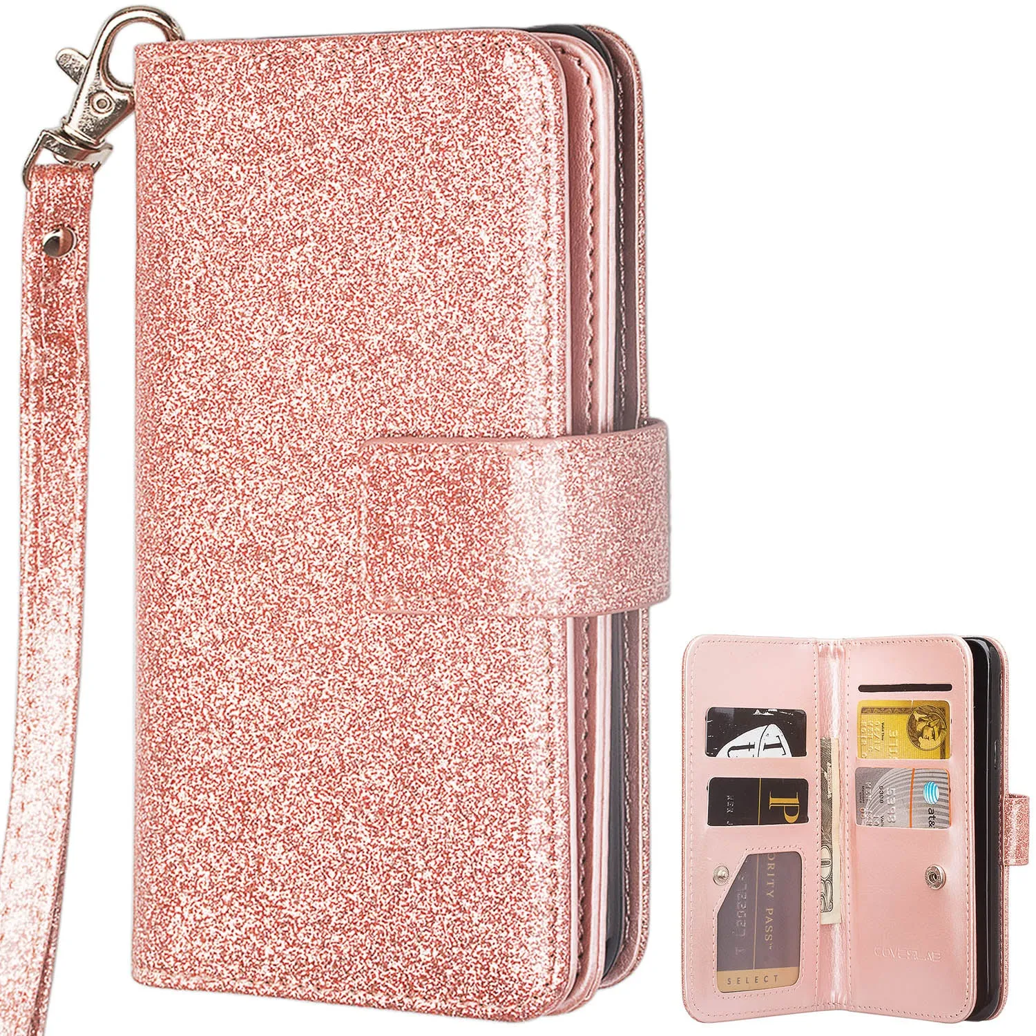 Samsung Galaxy A10e Case, Galaxy A10e Case, Glitter Faux Leather Flip Credit Card Holder Wrist Strap Shockproof Protective Wallet Case Clutch for Galaxy A10e - Rose Gold