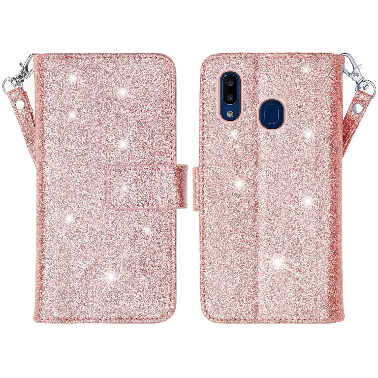 Samsung Galaxy A10e Case, Galaxy A10e Case, Glitter Faux Leather Flip Credit Card Holder Wrist Strap Shockproof Protective Wallet Case Clutch for Galaxy A10e - Rose Gold