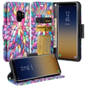 Samsung Galaxy S9 Case, SM-G960U Wallet Case, Wrist Strap Pu Leather Wallet Case [Kickstand] with ID & Credit Card Slots - Rainbow Flower