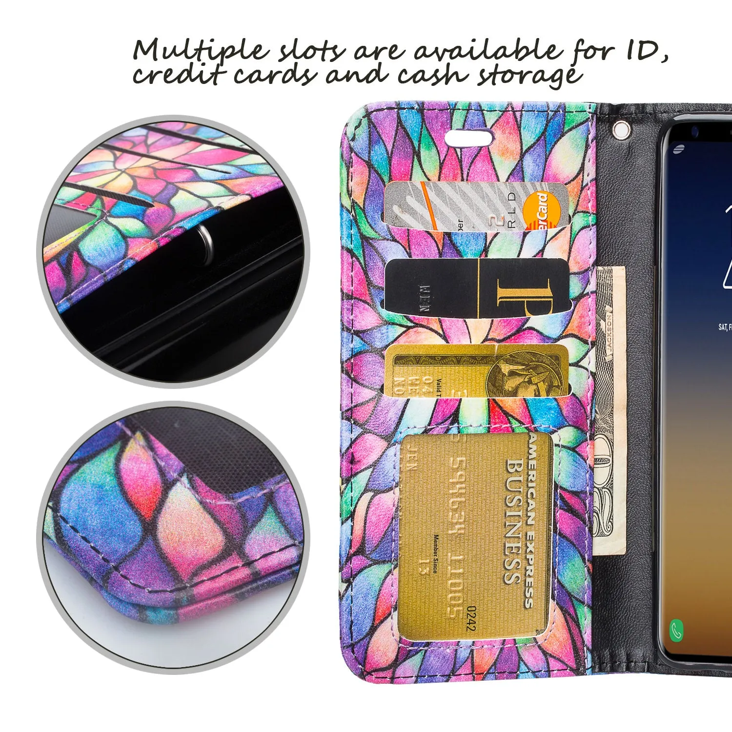 Samsung Galaxy S9 Case, SM-G960U Wallet Case, Wrist Strap Pu Leather Wallet Case [Kickstand] with ID & Credit Card Slots - Rainbow Flower