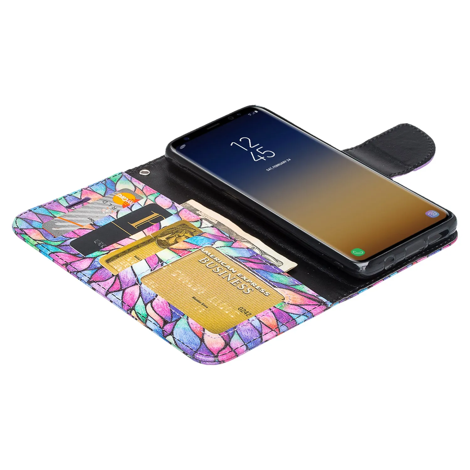 Samsung Galaxy S9 Case, SM-G960U Wallet Case, Wrist Strap Pu Leather Wallet Case [Kickstand] with ID & Credit Card Slots - Rainbow Flower