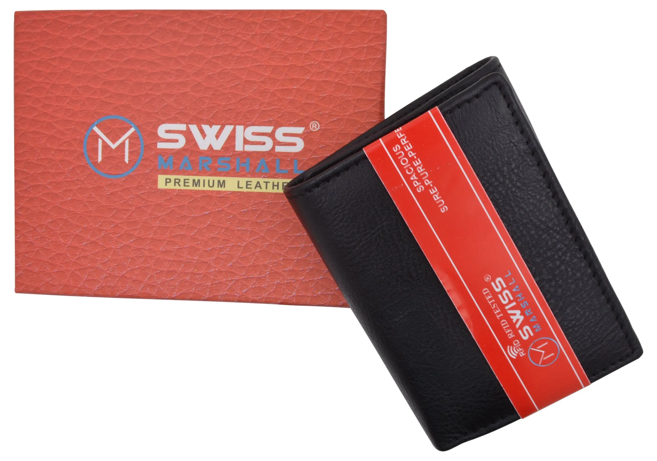 Swiss Marshall Mens RFID Blocking Premium Leather Classic Trifold Wallet Gift Box