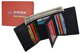 Swiss Marshall Mens RFID Blocking Premium Leather Classic Trifold Wallet Gift Box