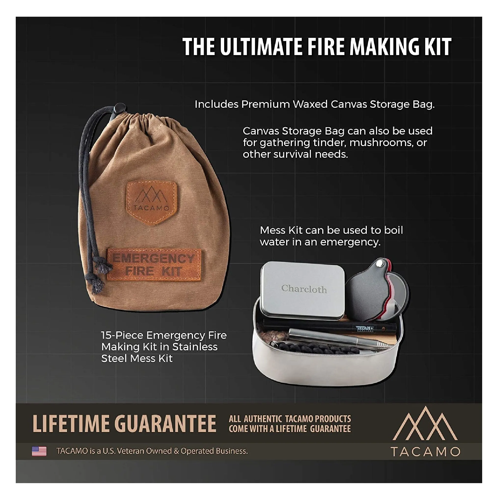 TACAMO 15-Piece Emergency Fire Kit | With premium Waxed Wanvas Storage Bag