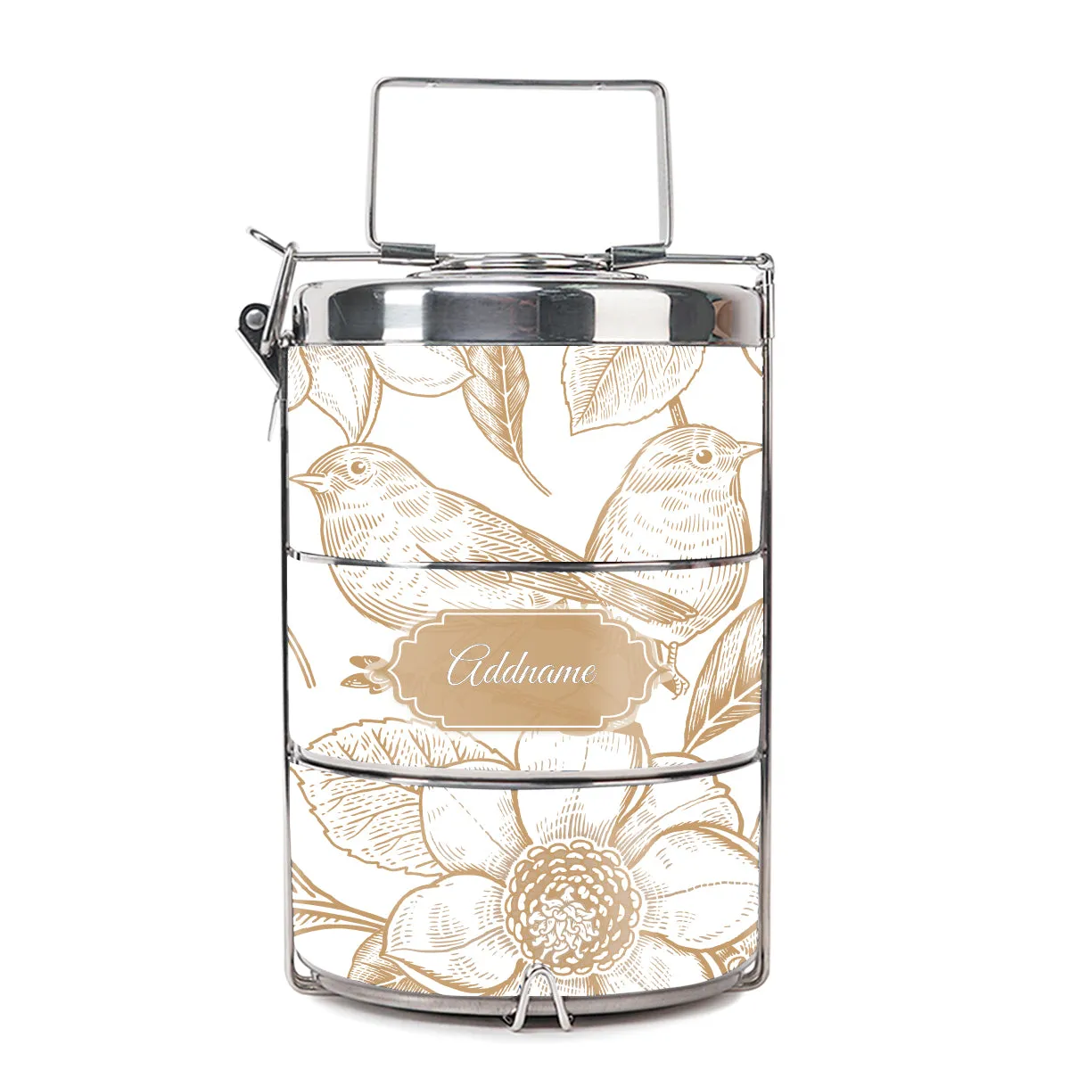 Vintage Birds Artline Series 3-Tier Premium Small 11.5cm Tiffin Carrier [FREE Custom Add Name]