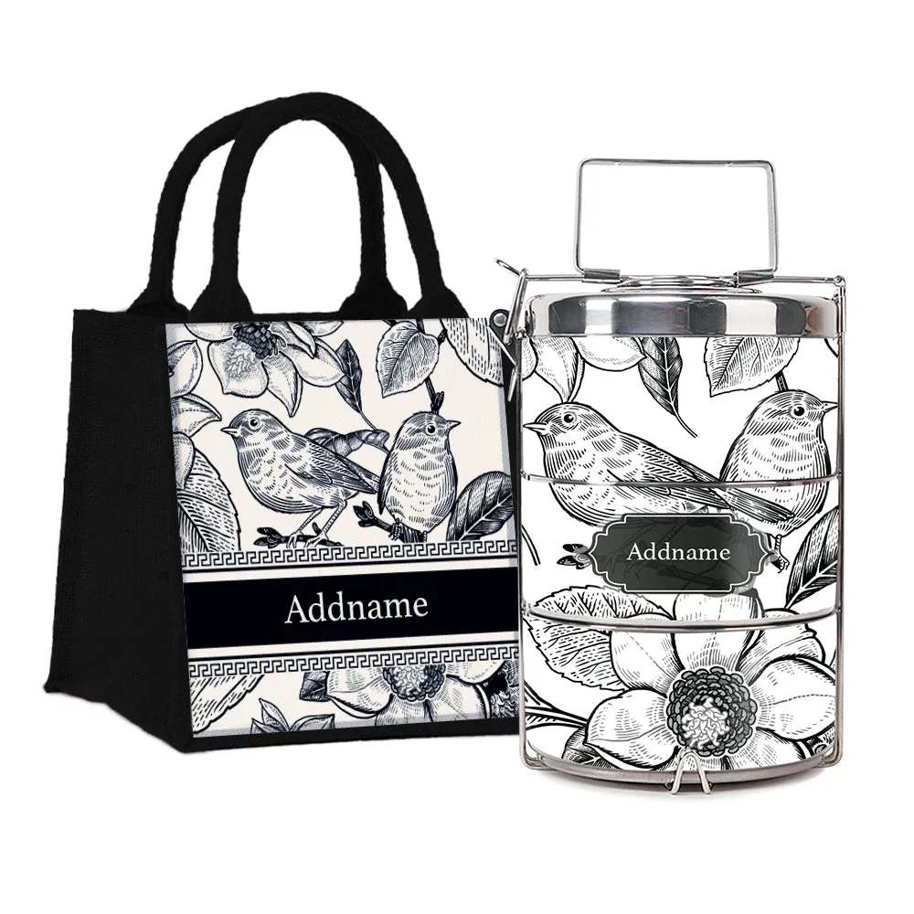 Vintage Birds Artline Series 3-Tier Premium Small 11.5cm Tiffin Carrier [FREE Custom Add Name]