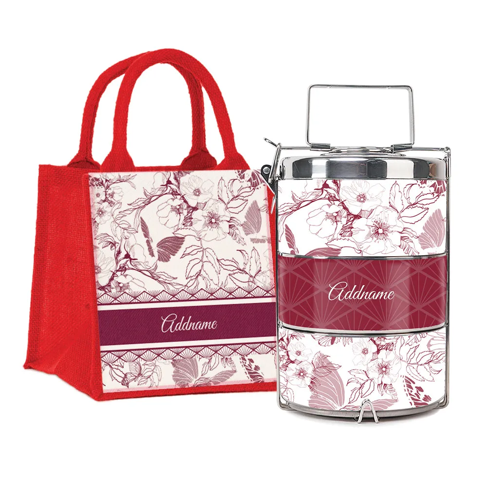 Wild Rose Artline Series 3-Tier Premium Medium 13.5cm Tiffin Carrier [FREE Custom Add Name]