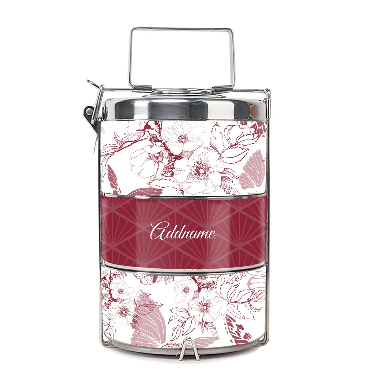 Wild Rose Artline Series 3-Tier Premium Medium 13.5cm Tiffin Carrier [FREE Custom Add Name]