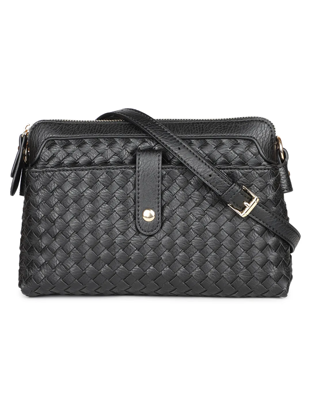 Women Black Textured Design Sling Bag With Zip