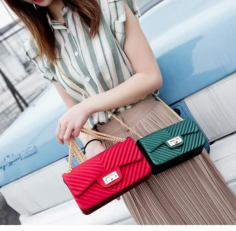 Women Frosted Jelly Shoulder Bag Fashion Small Bag V-chain Candy Color Female Clutch